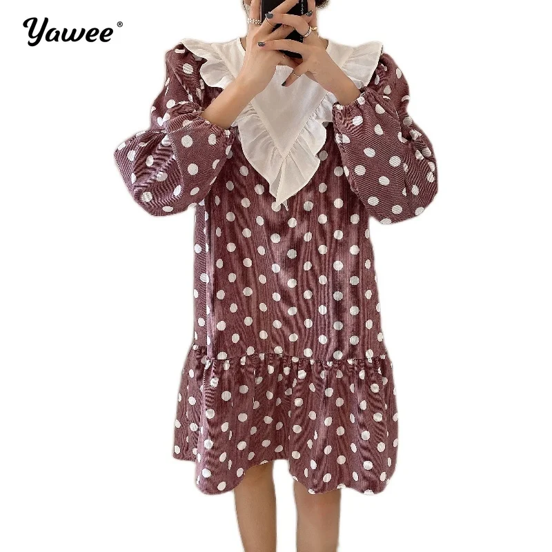 

New 2020 Women's Aurumn Winter Dresses Korean Style High Waist polka dot loose Elegant Vintage Lady Dresses