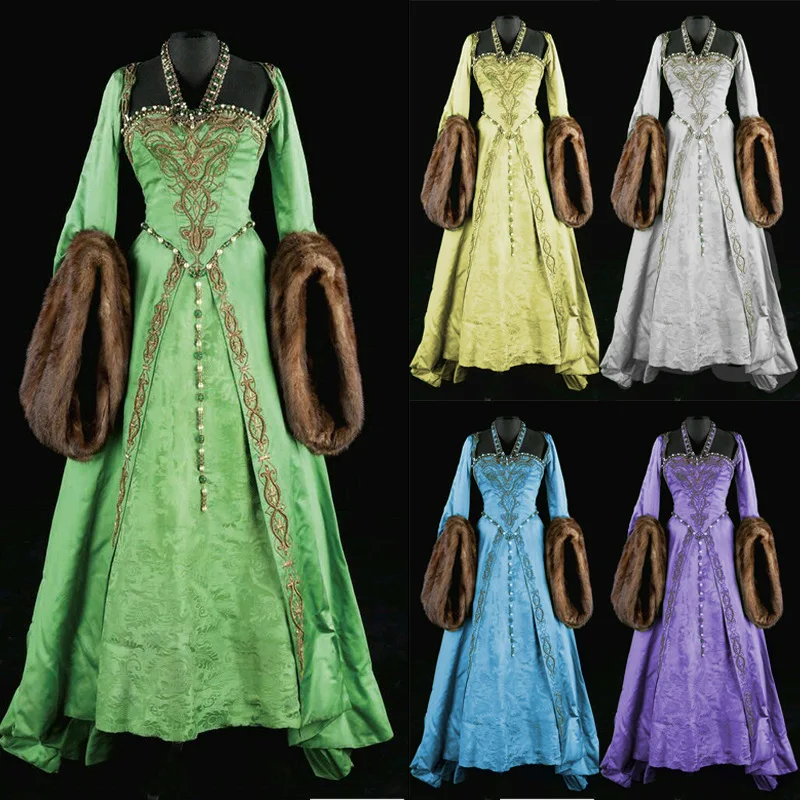 

Autumn Winter Women Medieval Vintage Palace Queen Princess Dress Cosplay Halloween Costume Warm Plush Flare Sleeve Party Dresses
