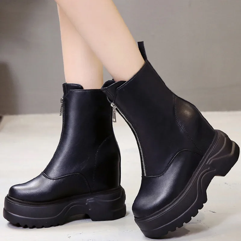 Winter Women Leather Boots Round Toe Platform Height Increasing Chunky Antiskid Bottom High Thick Heels Ladies Shoes Botas Mujer | Обувь