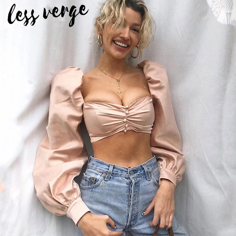 Lessverge розовая пикантная Короткая атласная блузка рубашка женская с пышными