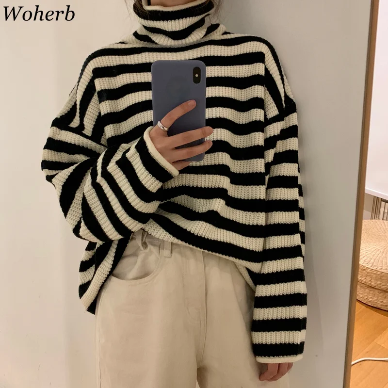 Осенний свитер Woherb с высоким воротником винтажный женский джемпер в стиле