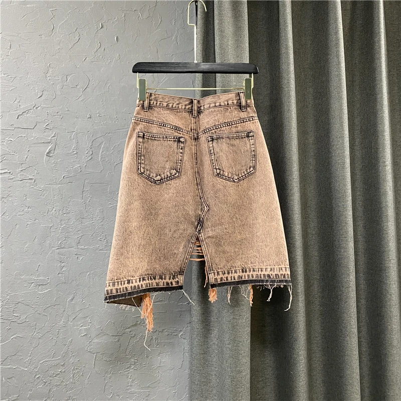 

Sexy Office Lady New Hollow Out Vintage Tassel Neon Green Denim Skirt Asymmetric High Waist Slim Mid-Length A- Line Jeans Skirt