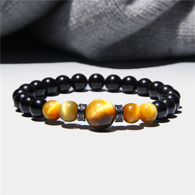 Мужской браслет с бусинами из натурального камня тигровый глаз|Плетеные
