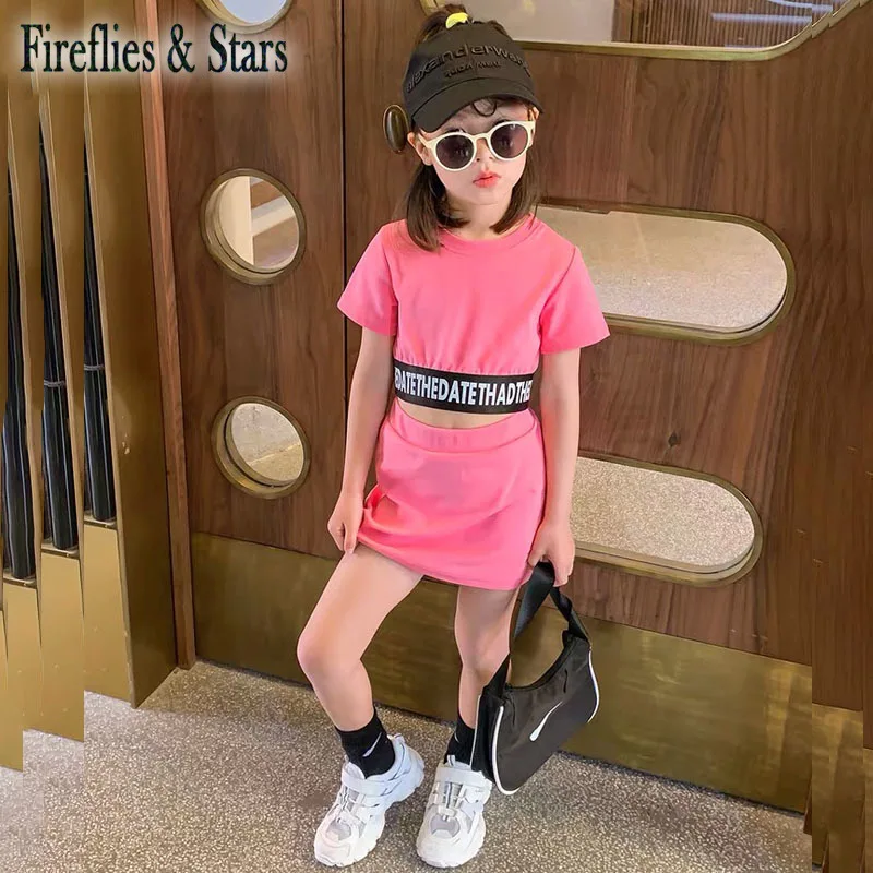 Летний комплект из 2 предметов для девочек детский укороченный топ + юбка