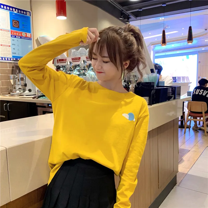 Harajuku Vintage t shirt Ulzzang Girlfriends kawaii rainbow stripe t-Shirts autumn Women Casual Loose long Sleeve pink Top Femme