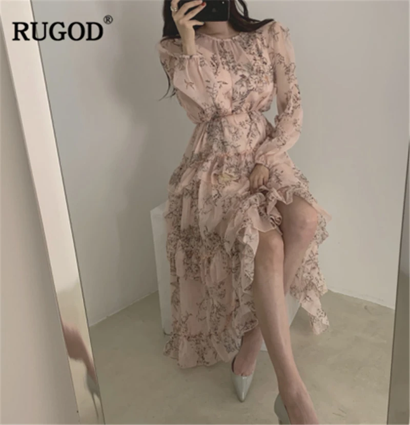 RUGOD 2020 Новое Осеннее женское шифоновое платье с цветочным рисунком комплект из
