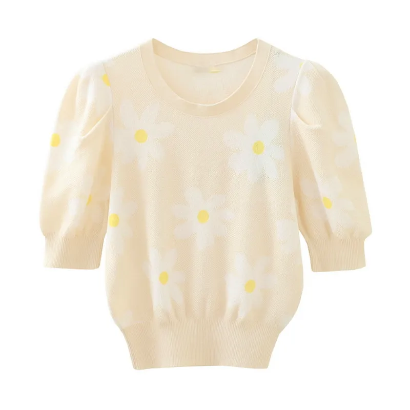 

Exquisite Flower Daisy Print Retro Puff Sleeve Cotton T-Shirt Women's Summer Round Neck High Waist Pullover Knitting Top