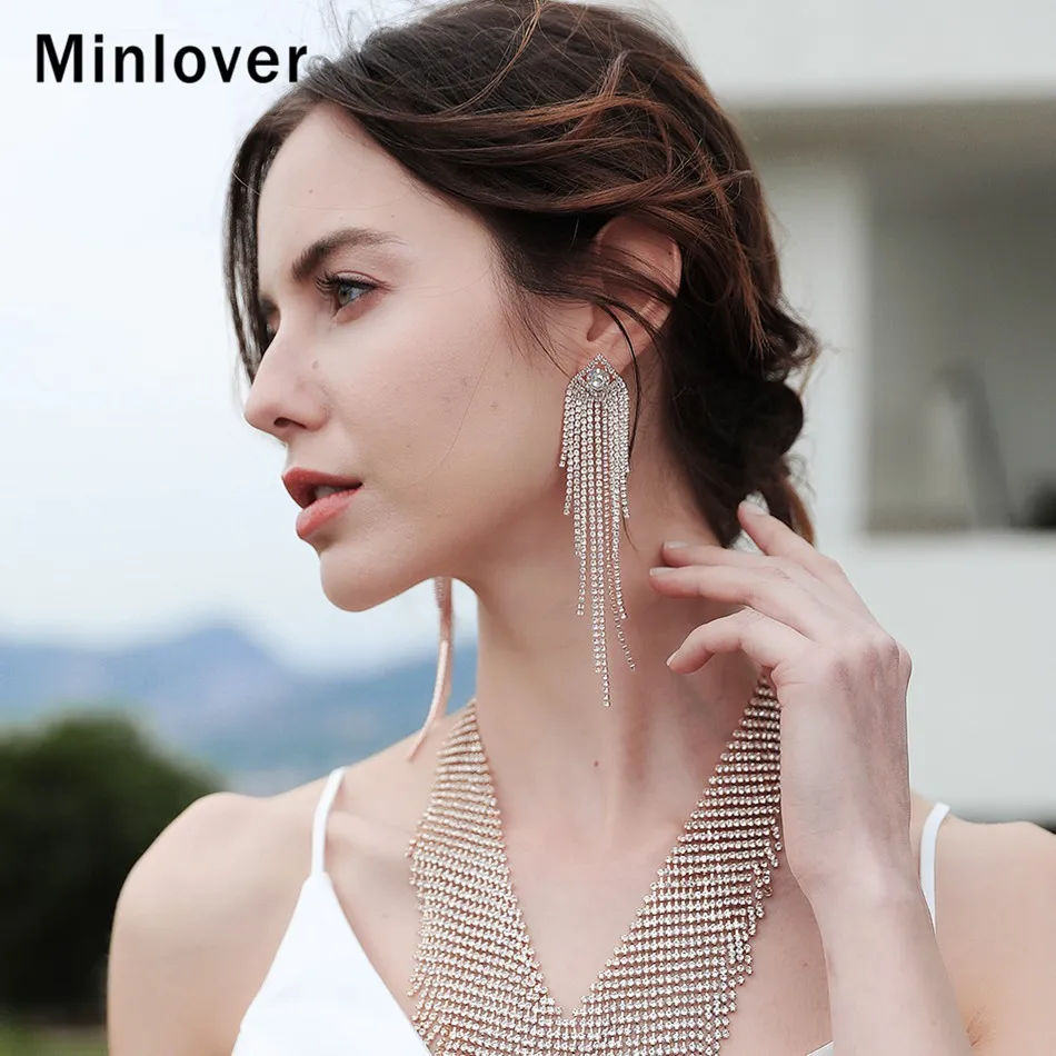 Серьги-подвески Minlover серебристого цвета с длинной металлической кисточкой для женщин, корейские стразы, свадебные серьги с бахромой, ювелирные изделия MEH1647