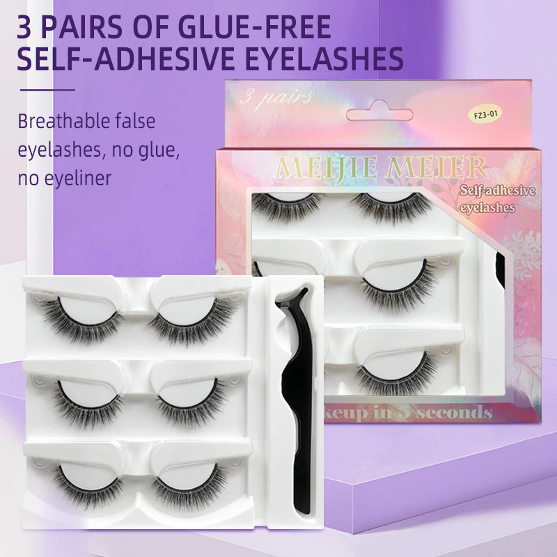 

3 Pairs Self-Adhesive Eyelashes Natural Multiple Glue Free Wispies Fluffies Eyelashes Natural Long Soft Handmade Cruelty Lashes