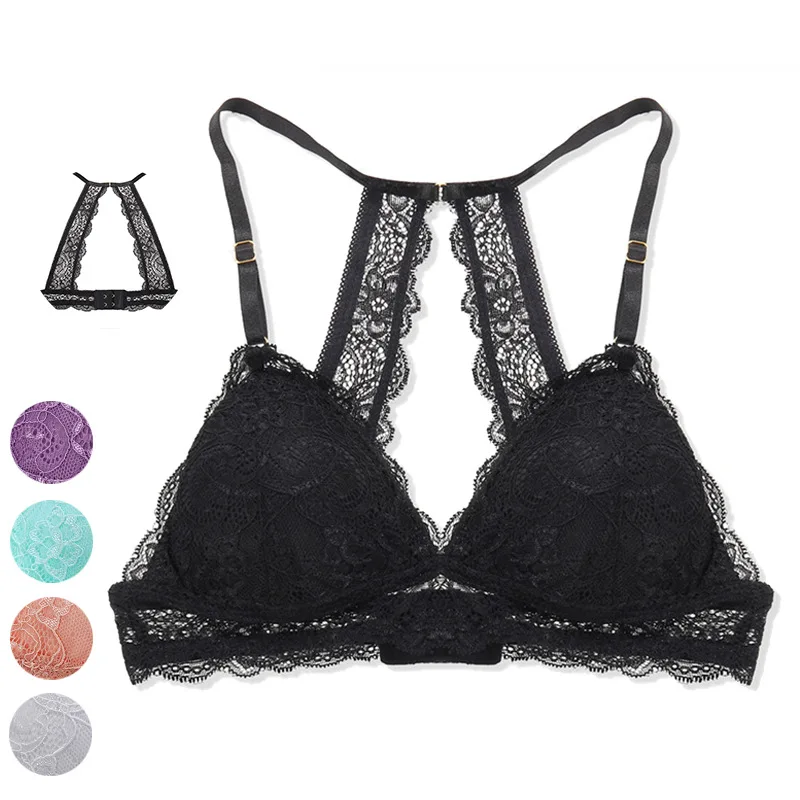 Women Lace Underwear Floral Solid Color Lingerie Backless Bras Female Brassiere With Removable Chest Pads Wireless Bra | Женская одежда