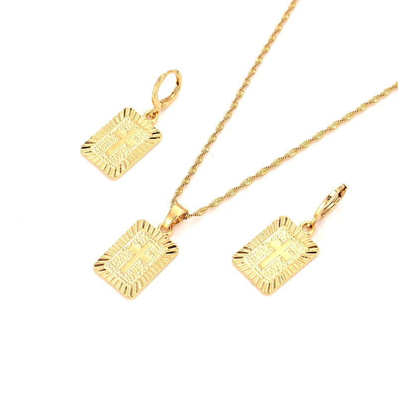 

18 k Solid fine G/F gold Christian square cross Pendant drop Necklace chain Earrings sets Jewelry women girl Jesus Items Gifts