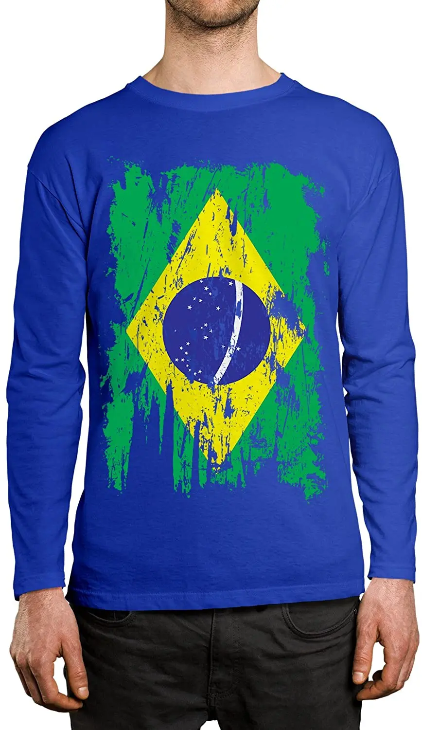 

Distressed Brazil Flag Men's Long Sleeve Shirt Full Casual Four Seasons Tops Tees