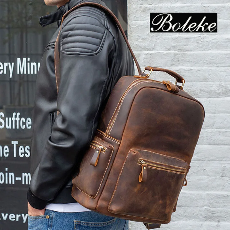 Мужской кожаный рюкзак BOLEKE винтажная сумка через плечо из натуральной кожи для