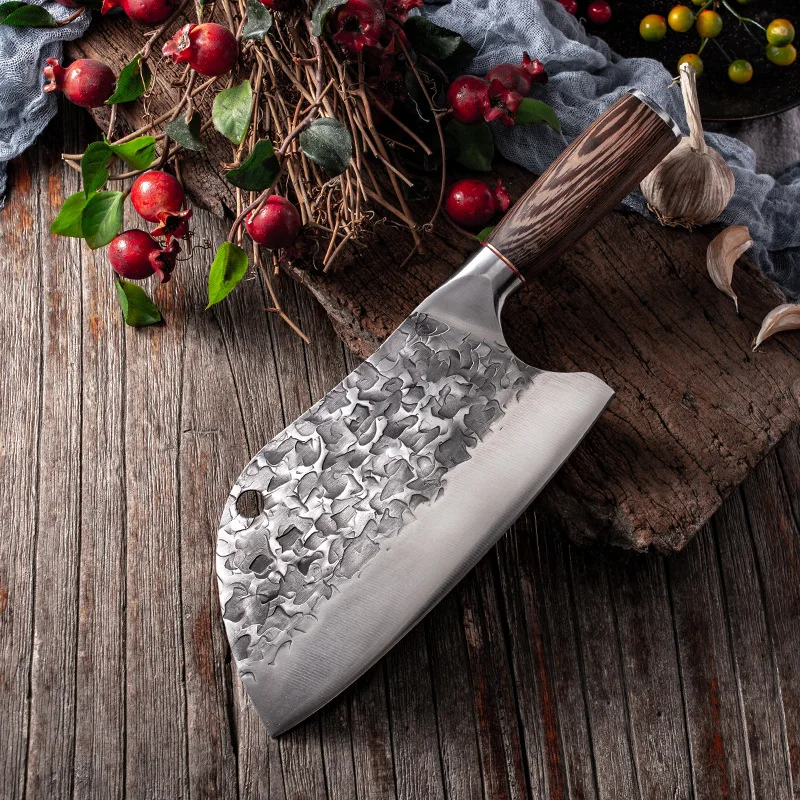 

Forged Butcher Knife Handmade Kitchen Knife Traditional Hammer Stainless Steel Chef's Chopper Cooking Knives Wooden Meat Slicer