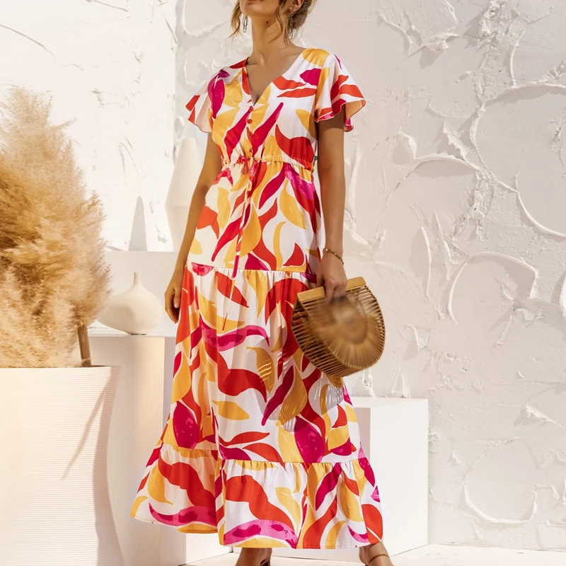 

Women's V-Neck Button Stitching Dress Bohemian Print Long Dress