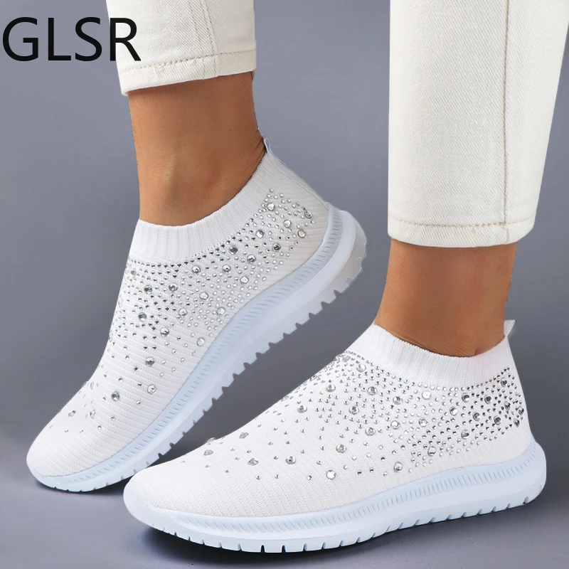 

Кроссовки-носки женские на плоской подошве, Вулканизированная подошва, без шнуровки, Повседневная модная обувь для тренировок, со стразами