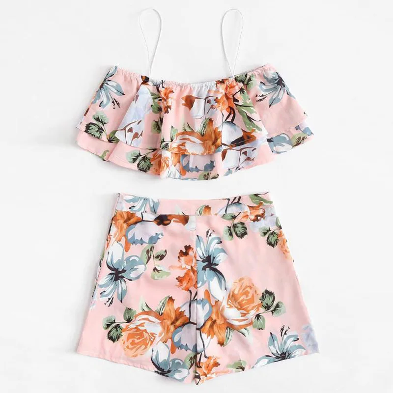 Комплект из двух предметов с цветочным принтом топ и штаны летний женский