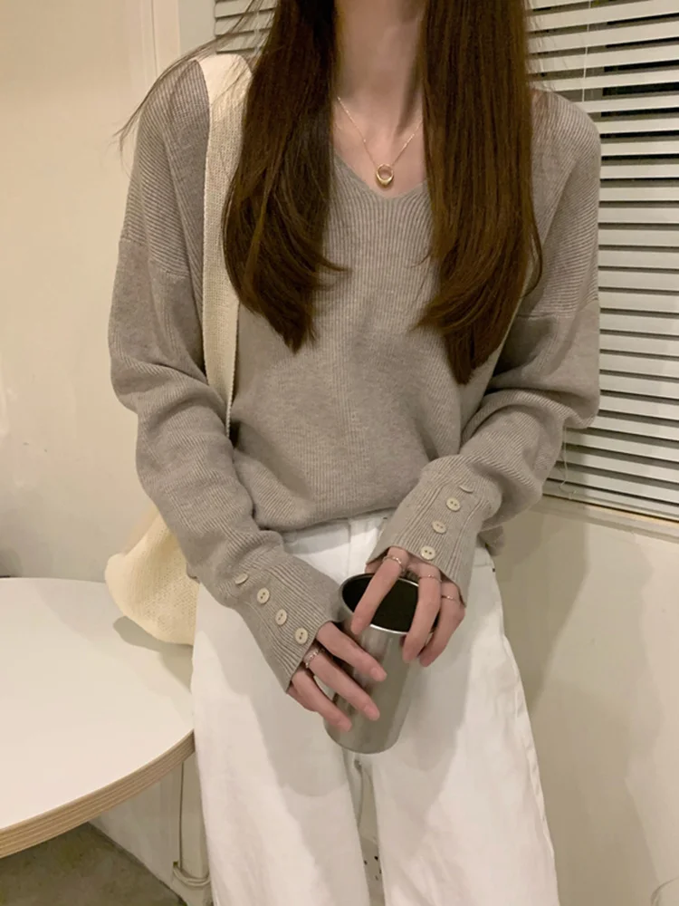 

Однотонный свитер, пальто, женская зимняя Новинка 2021, корейский Топ с длинным рукавом и V-образным вырезом, трикотажная нижняя рубашка