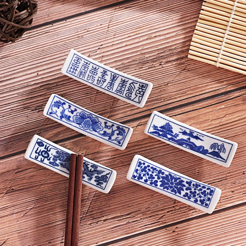 

2 Pcs Chinese Style Ceramic Chopsticks Rest Stand Blue and White Porcelain Pattern Pillow Chopsticks Rack Holder Fork Tableware