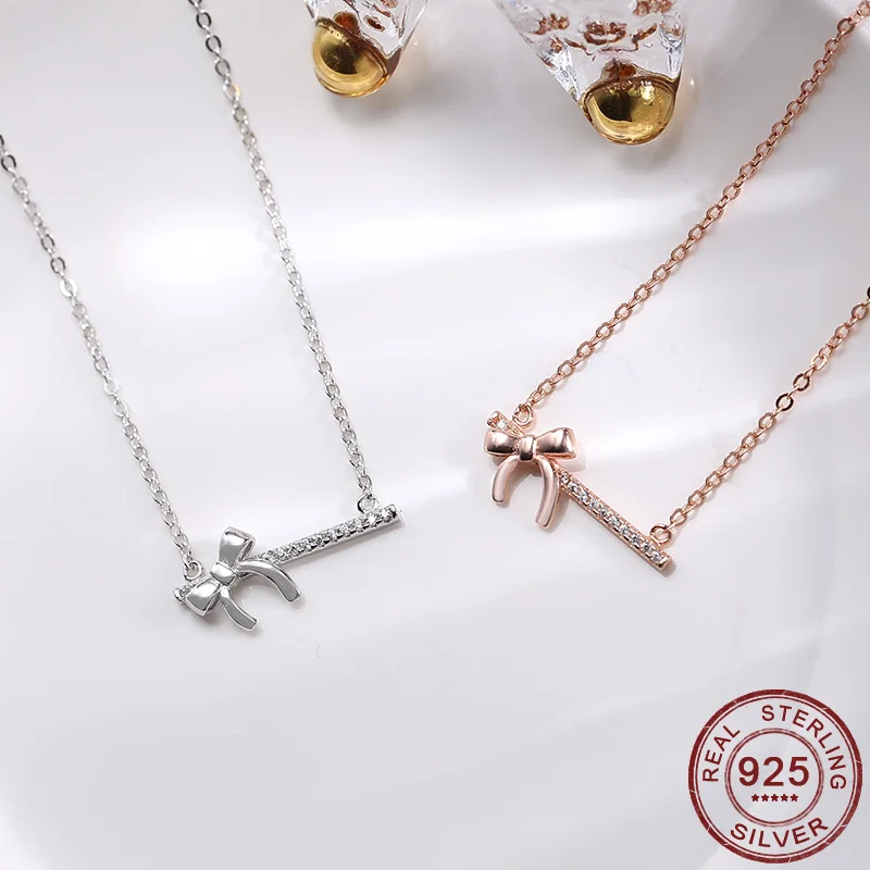 

Bowknot Cubic Zirconia Pendant Necklace 925 Sterling Silver Rose Gold Color Clavicle Chain Accessories Gifts Fashion Jewelry New