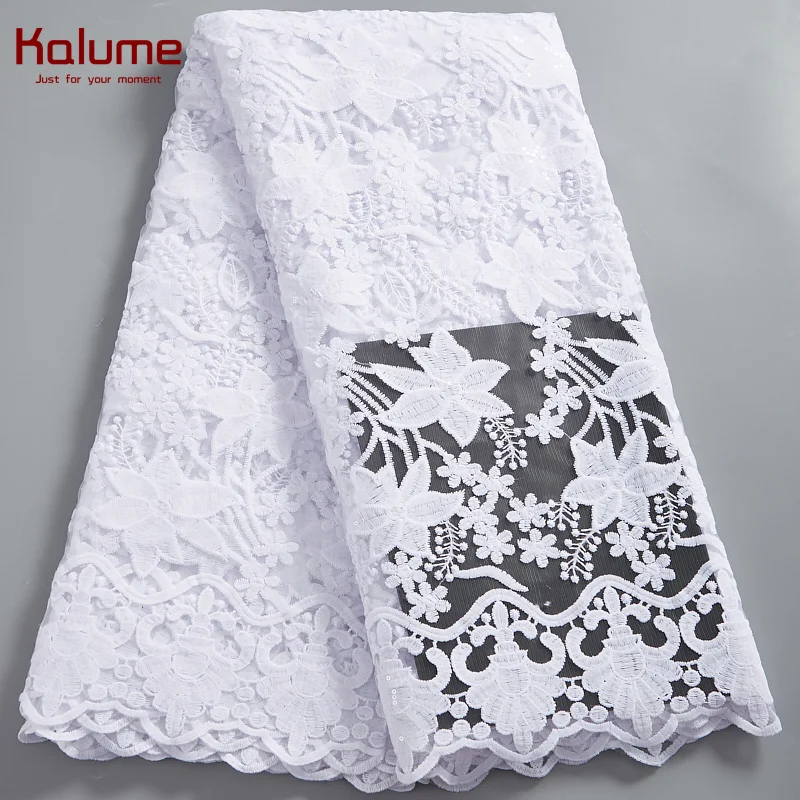

Kalume White Lace Fabric Wedding African Nigerian Tulle Milk Silk Beautiful Lace Sequins 5 Yards 2021 For Diy Dress Sewing H2563