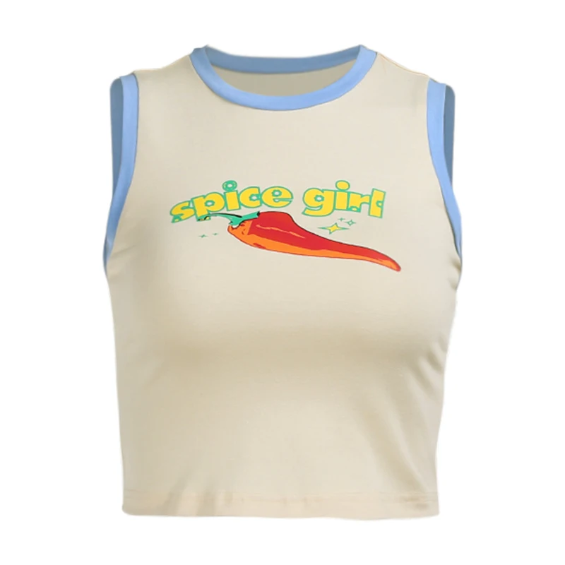 

InsDoit Streetwear Harajuku Summer Crop Tops Women Print Gothic Khaki Sexy Patchwork Tanks O Neck Slim Aesthetic Basic Tank Tops