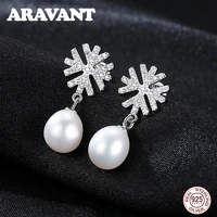100 natural freshwater pearl drop earrings 6mm pearl jewelry 925 sterling silver snowflake earring for women christmas gifts