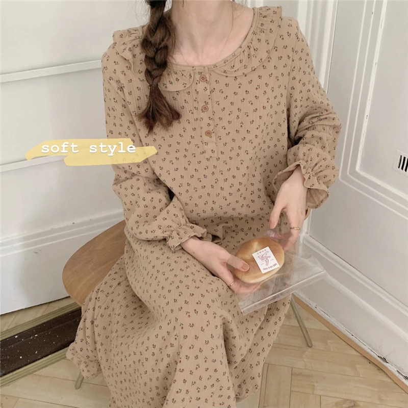 

100% cotton gauze sleep dress homewear autumn winter long sleeve new floral print vintage women nightgown nightdress L455