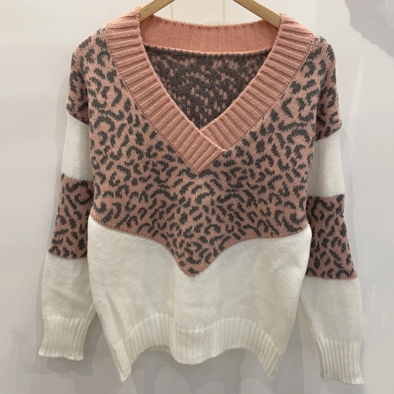 

Fashion Leopard Patchwork Autumn Winter 2022 Ladies Knitted Sweater Women V-neck Full Sleeve Jumper Pullovers Top Khaki Brown