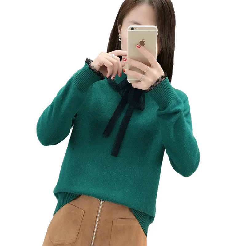 

2019 spring new women's lace bow knit bottoming shirt sweater female