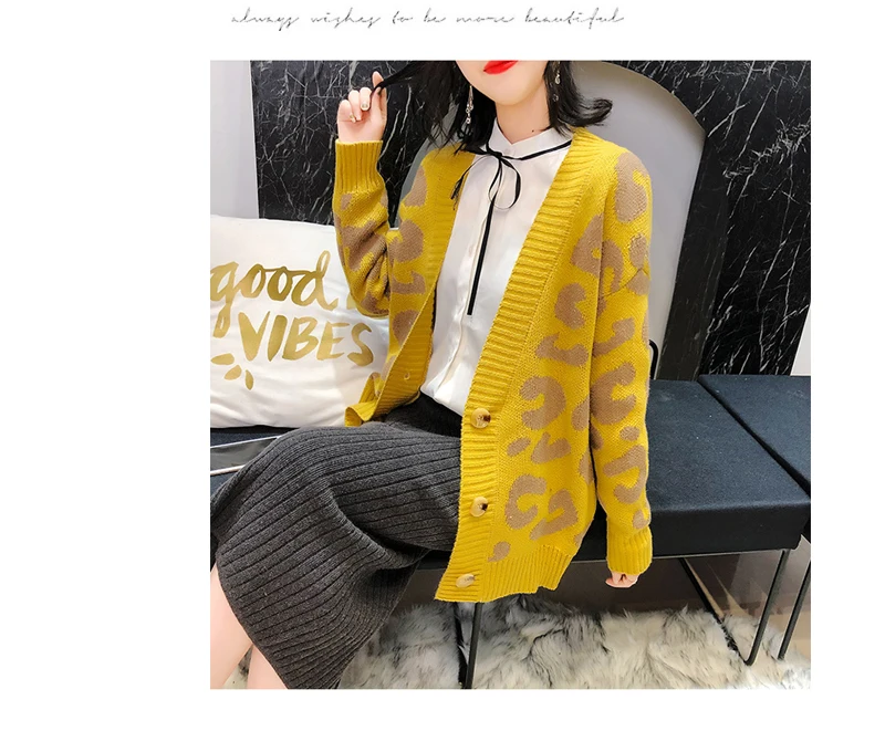 LEH кардиган с леопардовым принтом для женщин v-образный вырез пуговицы свитер