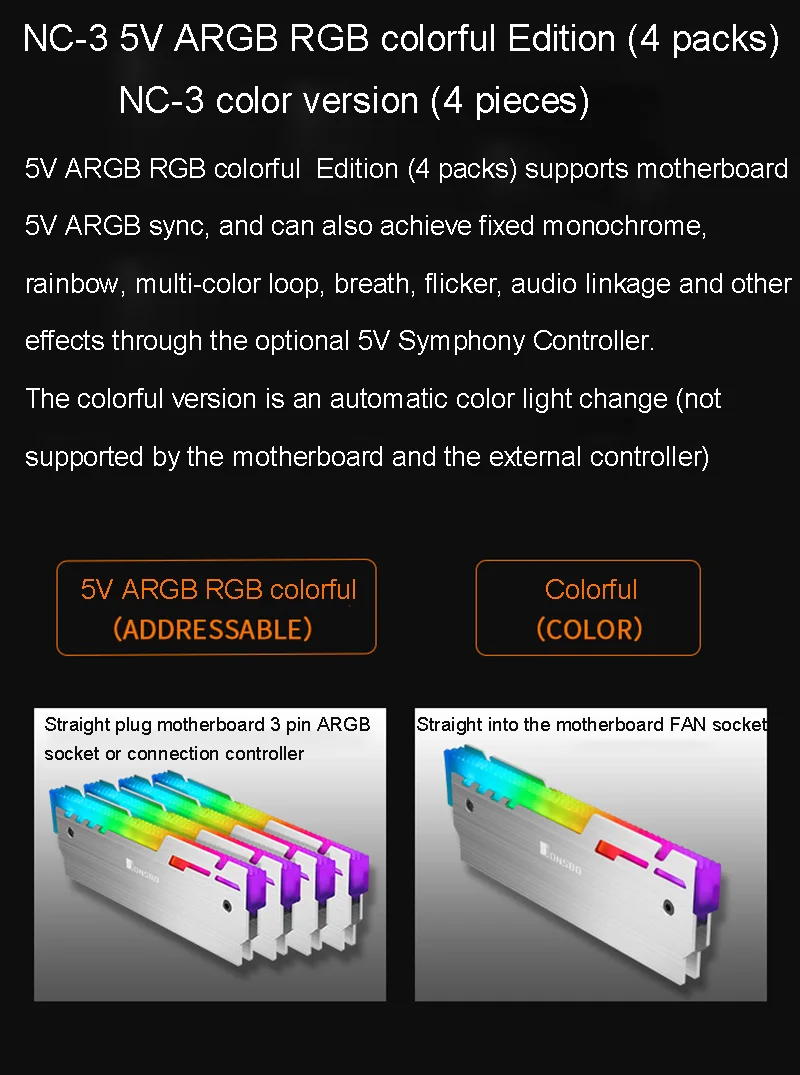 4 шт./лот JONSBO NC-3 светящийся жилет с памятью RGB радиатор 12 в маленький 3 Pin аура светодиодный алюминиевый радиатор Настольный теплоотвод ОЗУ