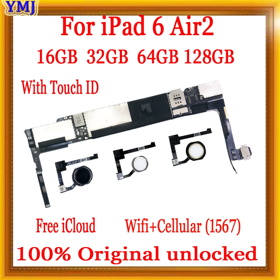 100% Original unlock For iPad 6 A1567 Motherboard Wifi+Cellular  with/no Touch ID For iPad 6 Air 2 Logic board with free icloud