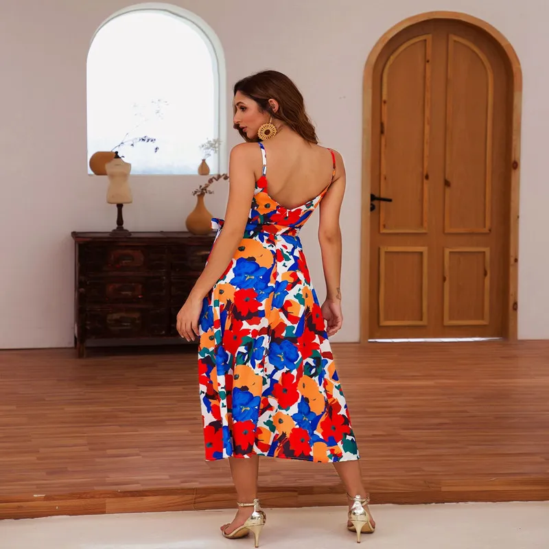 

Oufisun Sexy Spaghetti Straps Women Dress V Neck Boho Peint Lady Maxi Dresses Fahsion Empire Backless Party Long Dress Vestidos