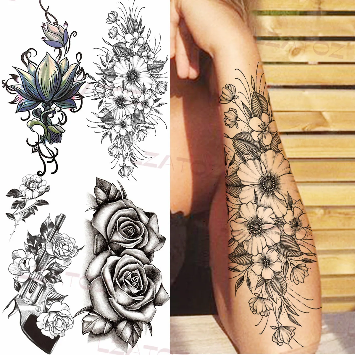 Черные листья лилии временные татуировки для женщин взрослые мандала роза