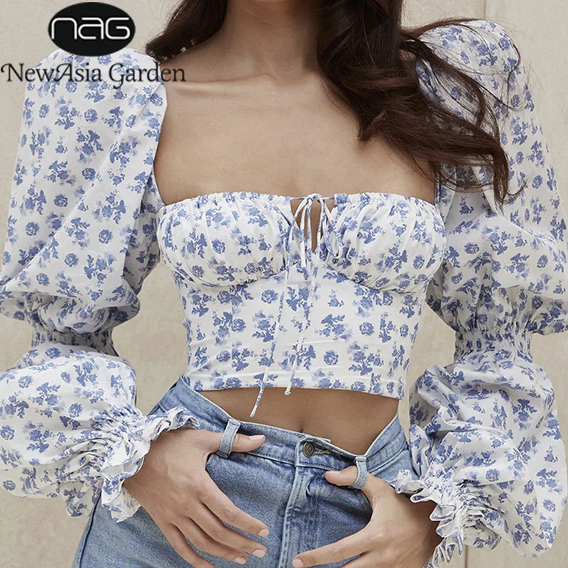 

NewAsia Floral Top Women White Sweet Square Neck Long Puff Sleeve Ruched Drawstring Crop Top Autumn Woman Party Blouse 2020 New
