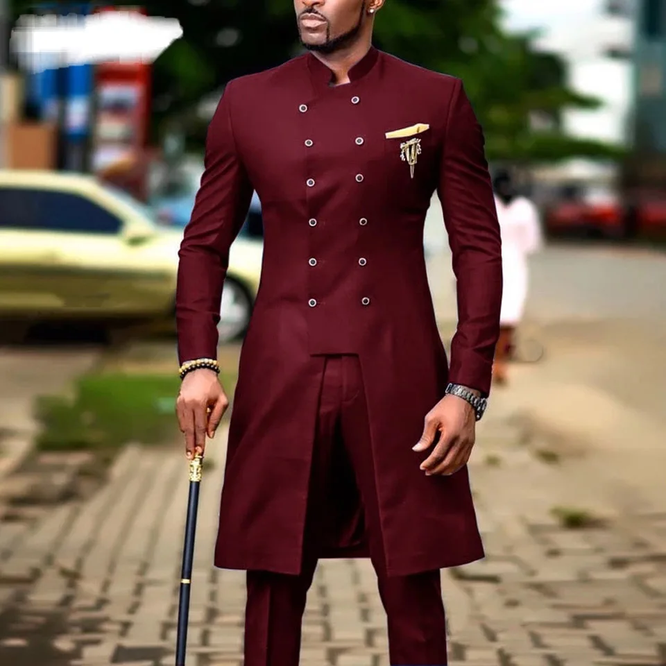 Costumes de marié au Design africain pour hommes  costume Slim Fit pour mariage  Tuxedos bordeaux