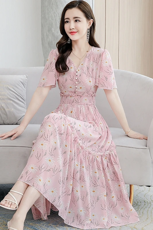 Женское шифоновое платье с V-образным вырезом длинное цветочным принтом и