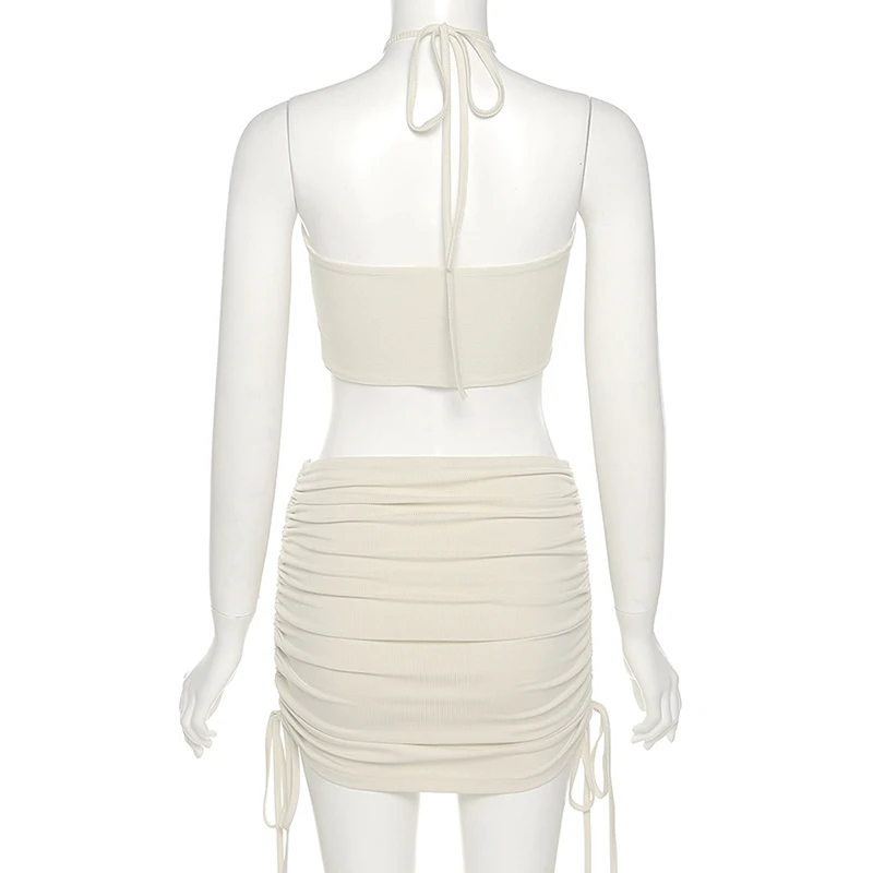 

AIIOU 2021 Summer Fashion Streetwear Casual Beach Clubwear Women Sexy Solid Slim Elastic Crop Top and Skinny Mini Skirt Sets