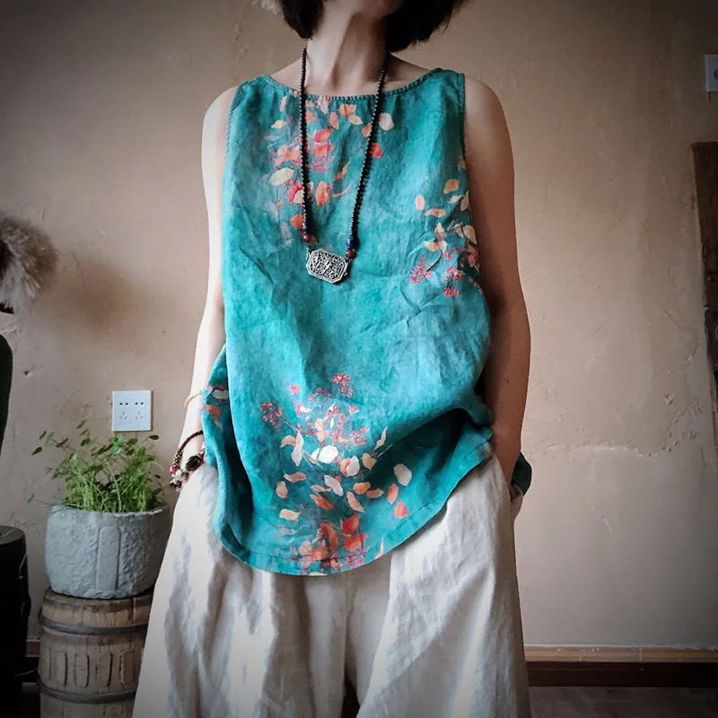 

2022 flower printing chinese traditional pattern women's top sleeveless vest for women vintage loose casual chinese vests