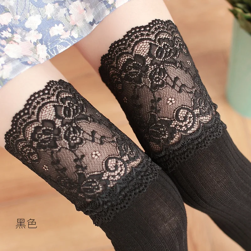 

Classic Striped Pattern Thigh High Stockings Sweet Japanese Lace Sexy Cotton Over The Knee Stockings 7 Colors