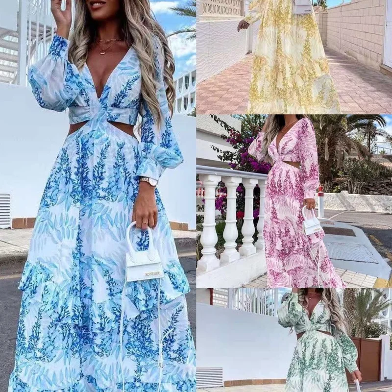 

Women Sexy Hollow Out Boho Beach Long Dress Deep V Neck Dress 2021 Summer Plus Size Print Ruffle Party Long Sleeve Maxi Dresses