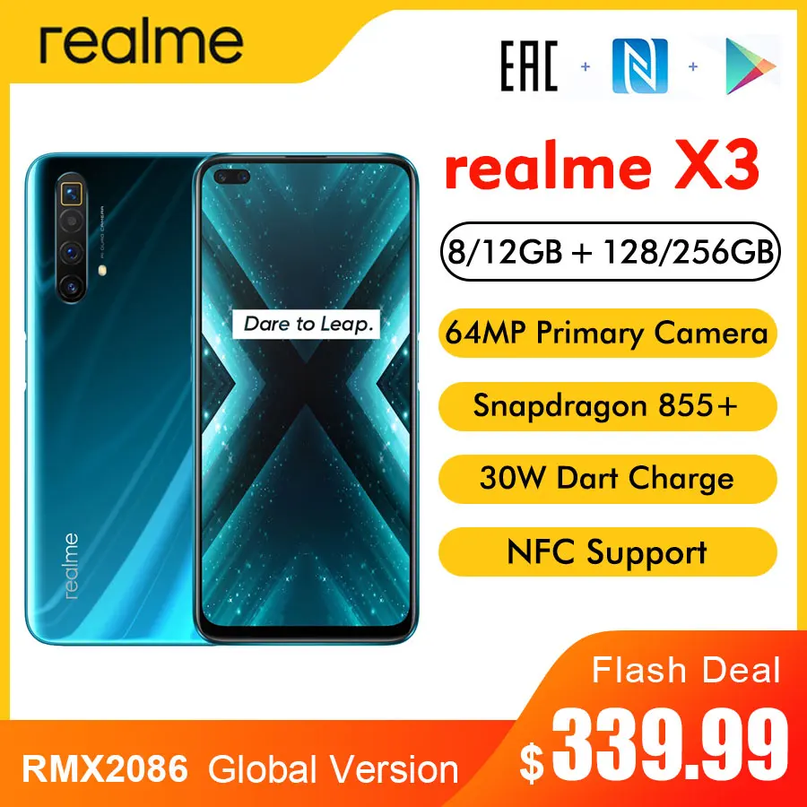 Realme X3 RMX2086 NFC 6 'Ǝ/12 Гб 128/256 ГБ 64MP Snapdragon 855 + 64 Мп 60X суперзум 4200 мА/ч 30W Дротика