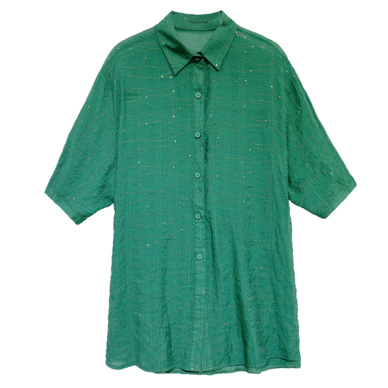 

2021 new European goods hot rhinestone purple thin shirt women's summer short-sleeved fashion Hong Kong-style loose slim blouse