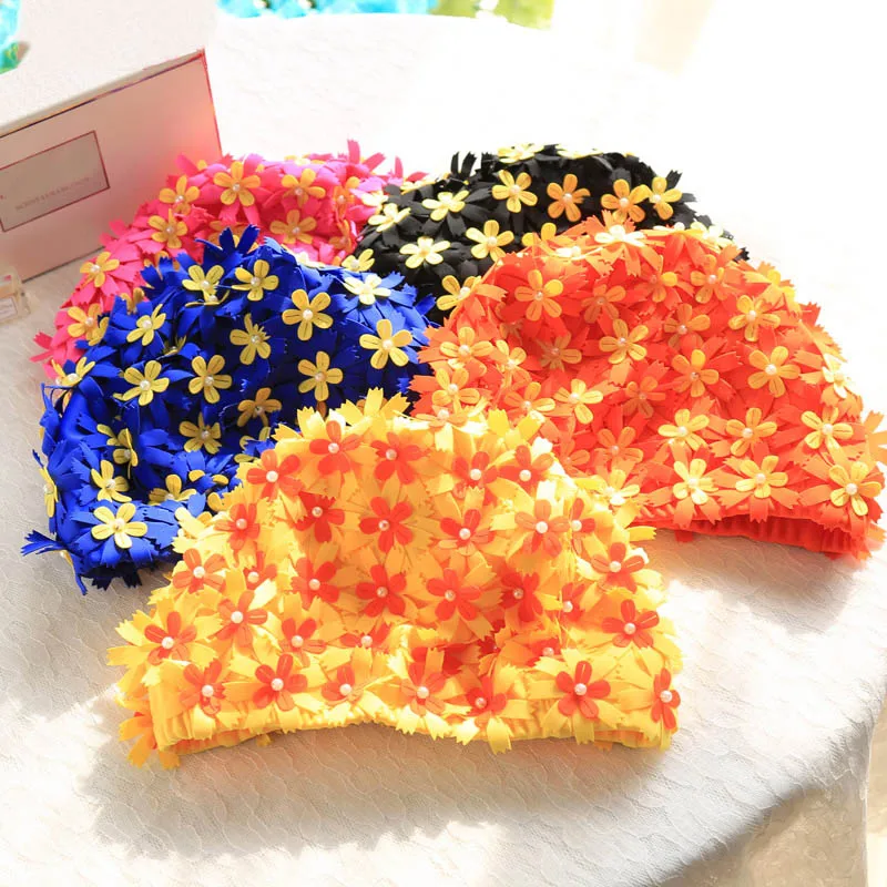 

Female Swimming Caps 3D Flower Pearl Ear Protection Swimming Caps New