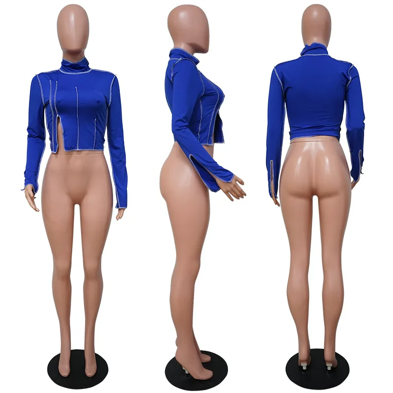 

INS Charming Girls Sweatshirt Top With Striped Fashion Turtleneck Long Sleeve Side Split Crop Tops Street Style 2021 Spring