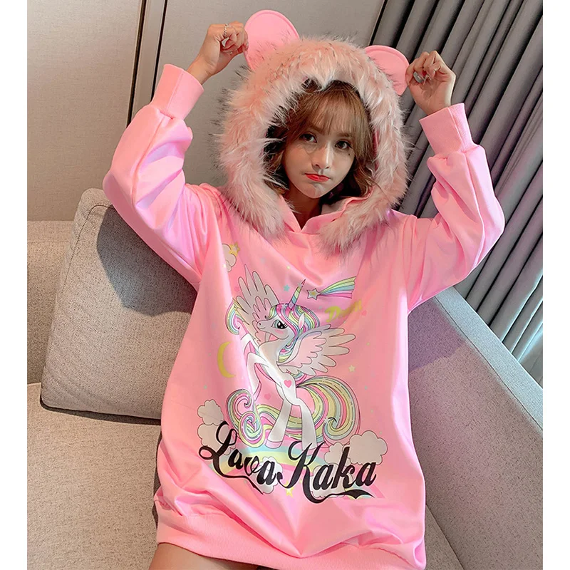 2020 весенние плотные толстовки с меховым воротником модные женские мультяшным