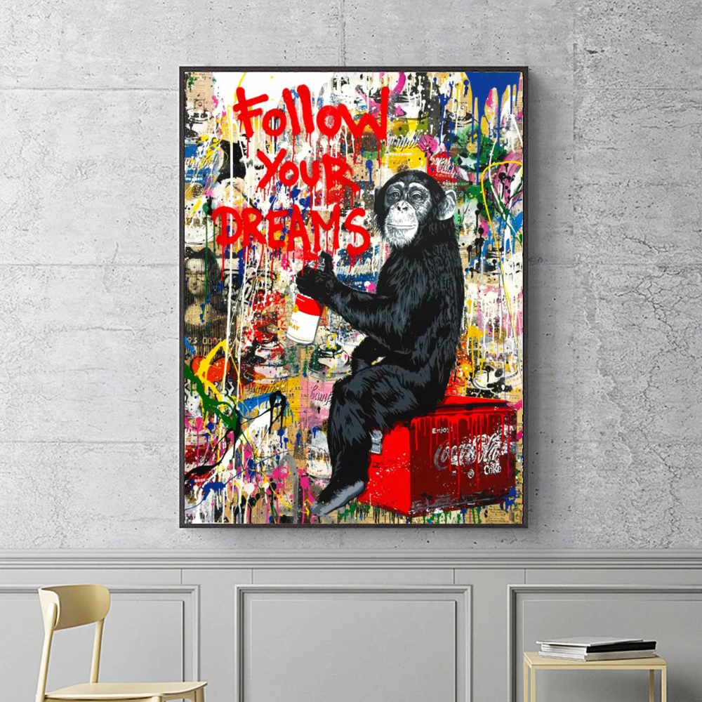 

Follow Your Dreams Street graffiti Art Canvas Paintings Abstract Monkey Art Canvas Prints on Canvas For Kids Room Cuadros Decor