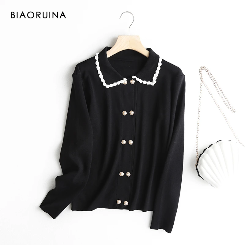 Женский двубортный кардиган BIAORUINA милый вязаный с вышивкой и отложным воротником