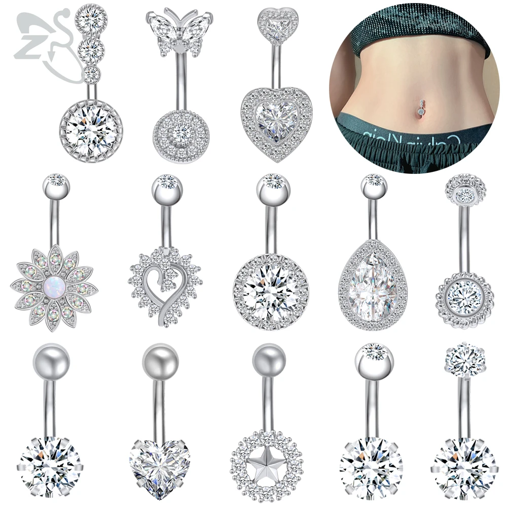 

ZS 14 Style Sexy Navel Belly Button Ring 14g CZ Crystal Pendant Belly Rings 2 Colors 316L Stainless Steel Belly Piercing Jewelry